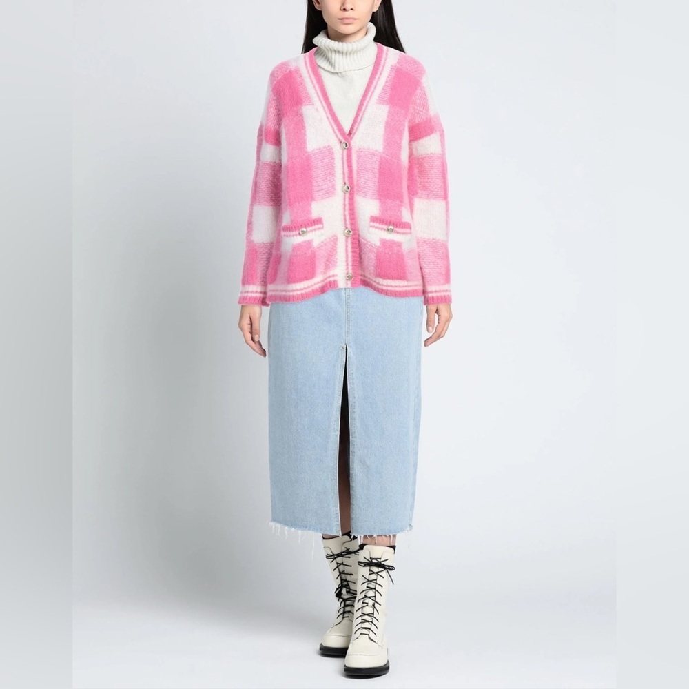 Maje My Square Checkered Jacquard Cardigan Mohair Knit Pink White Size 3 (L)